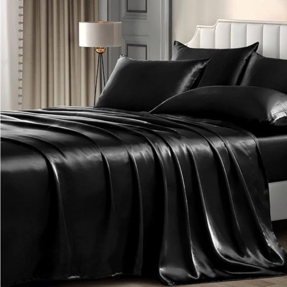 Scent- Sation Inc Charmeuse Satin Queen Size Sheets Set Black Set No pillow